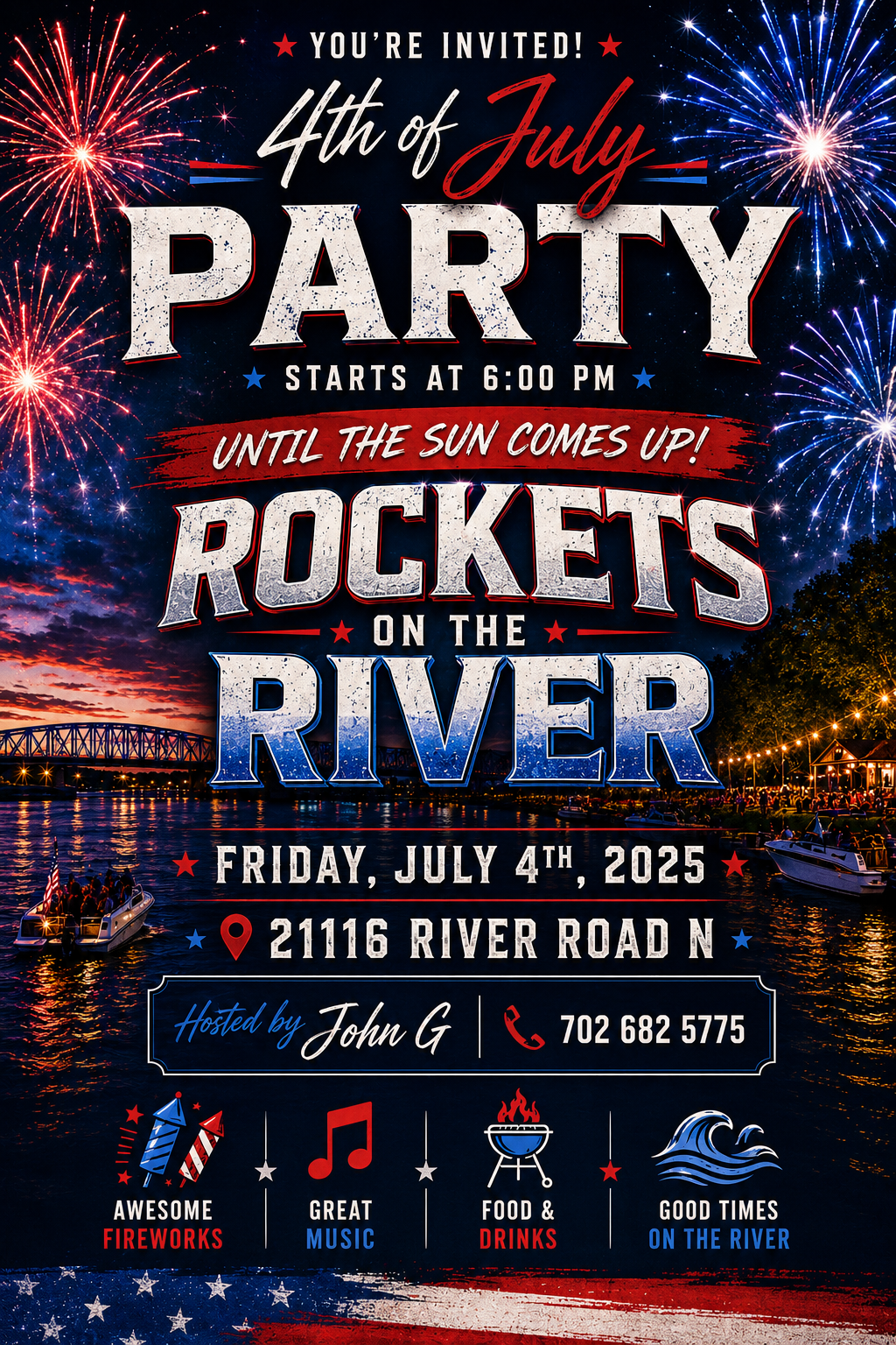 4th of July Party — Rockets on the River, Friday July 4, 21116 River Road N